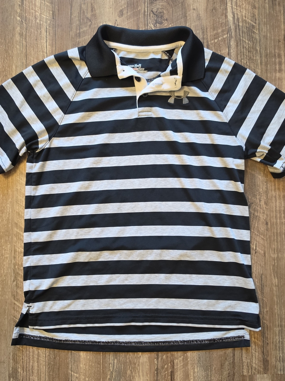 Under Armour Boys YMD Striped Polo Shirt Short Sleeve Black Grey HeatGear